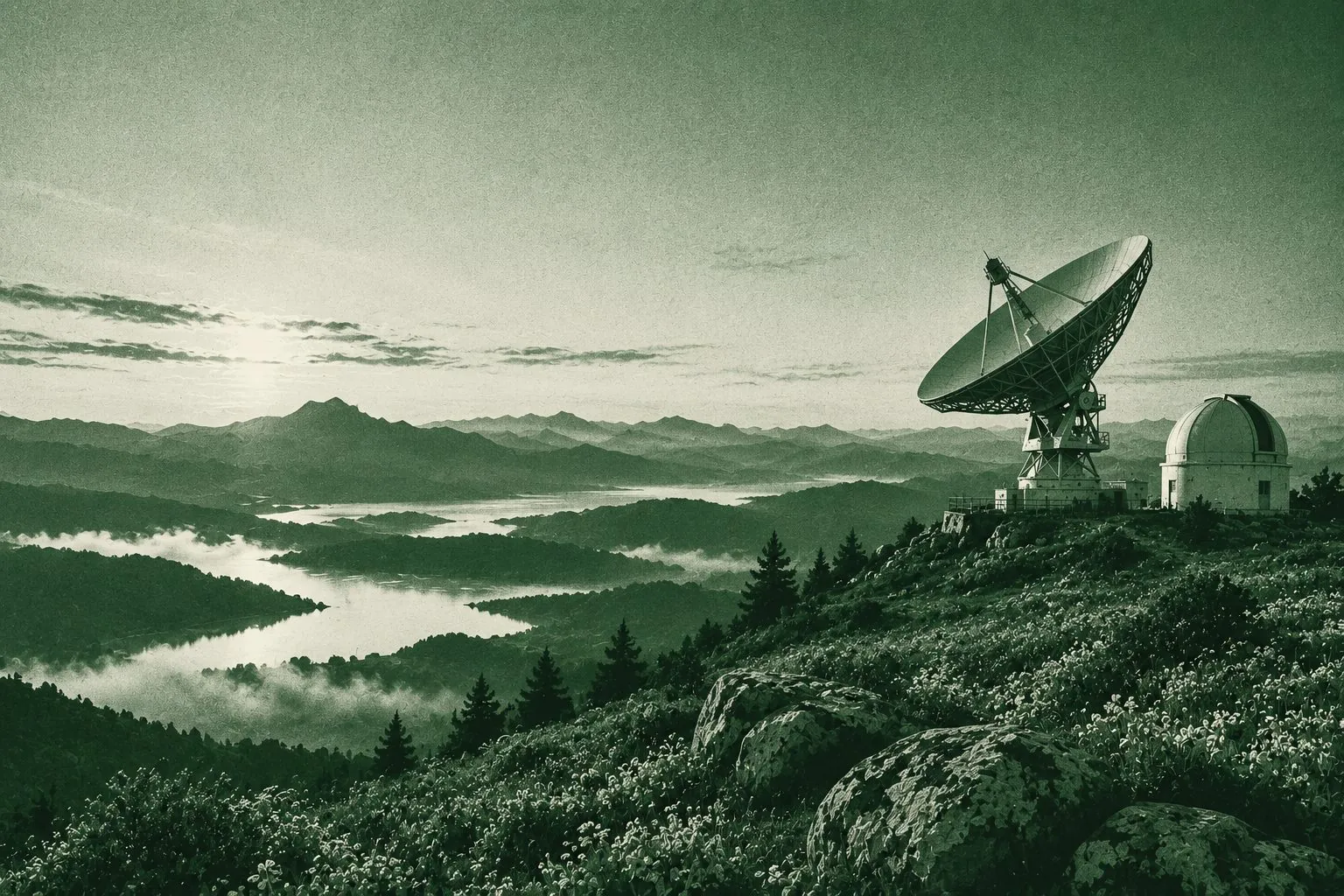 A radio telescope dish and observatory dome on a wildflower ridge above misty valleys, rendered in deep green duotone