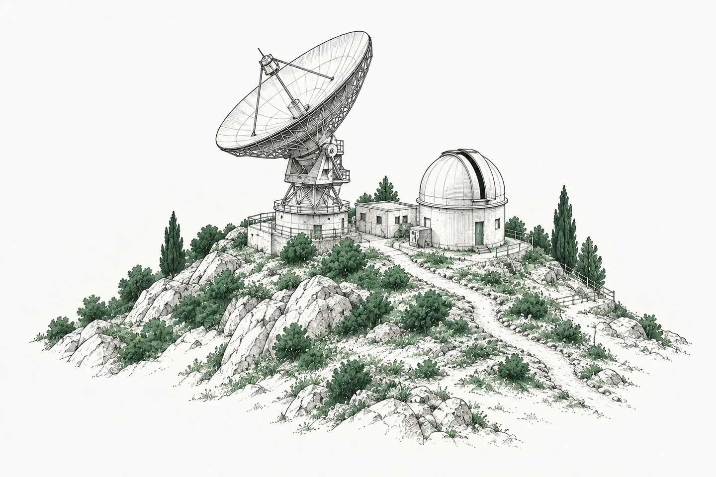 A fine ink drawing of a hilltop observatory station with a dish and dome, green shrubs dotted along the slope