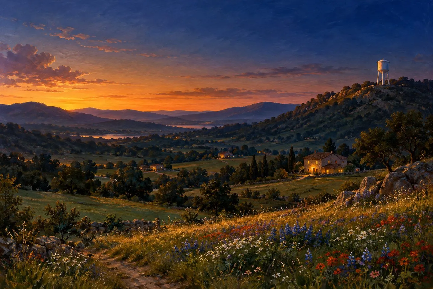A twilight valley of wildflowers and stone cottages, warm windows glowing, a white water tower on the hill catching the last light