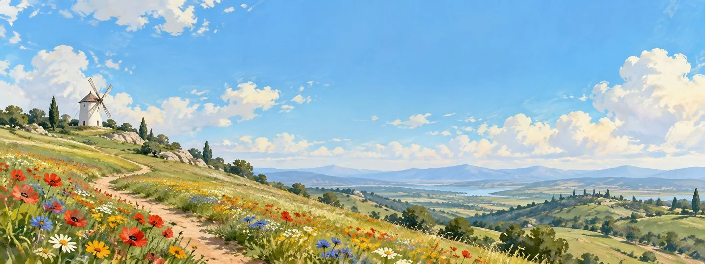A white windmill on a hilltop above a meadow of poppies, daisies and cornflowers, a dirt path winding down toward a valley