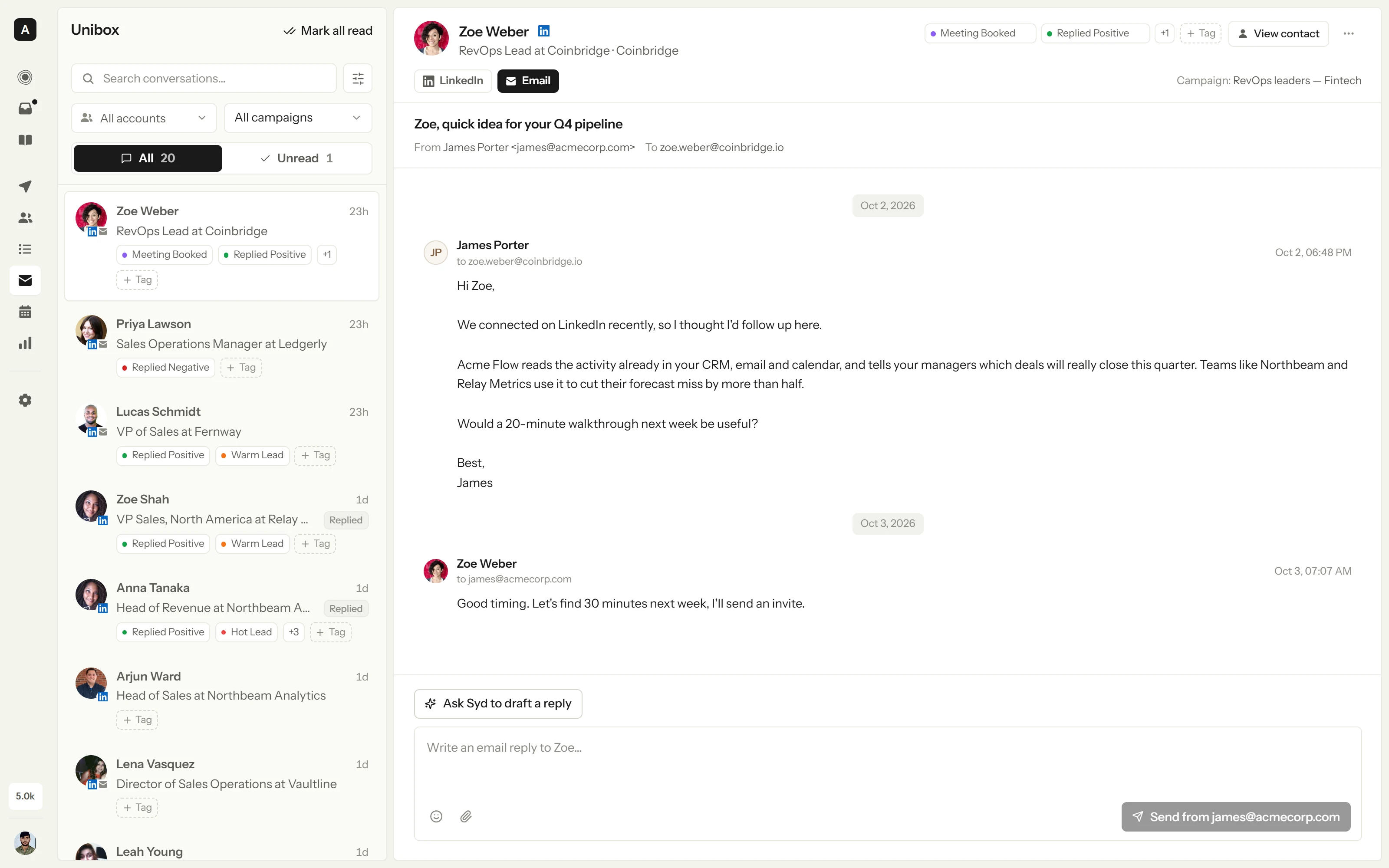 The Unibox with a conversation open: the prospect's reply, the campaign it came from, and Ask Syd to draft a reply